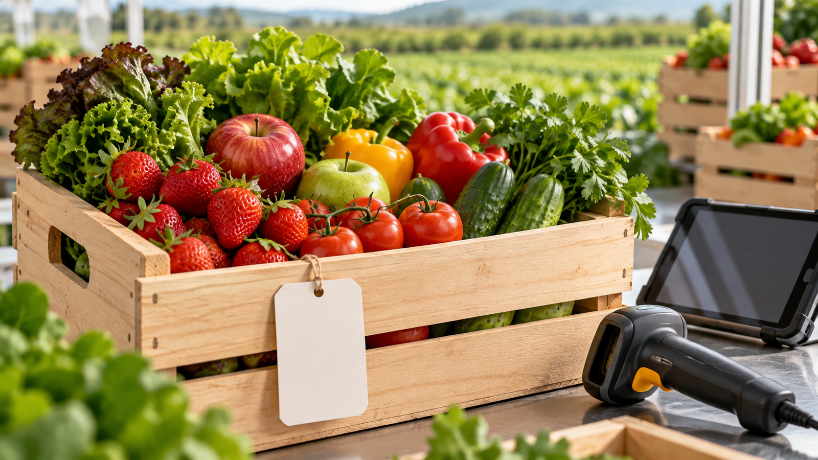 Fresh produce crate with inspection tools
