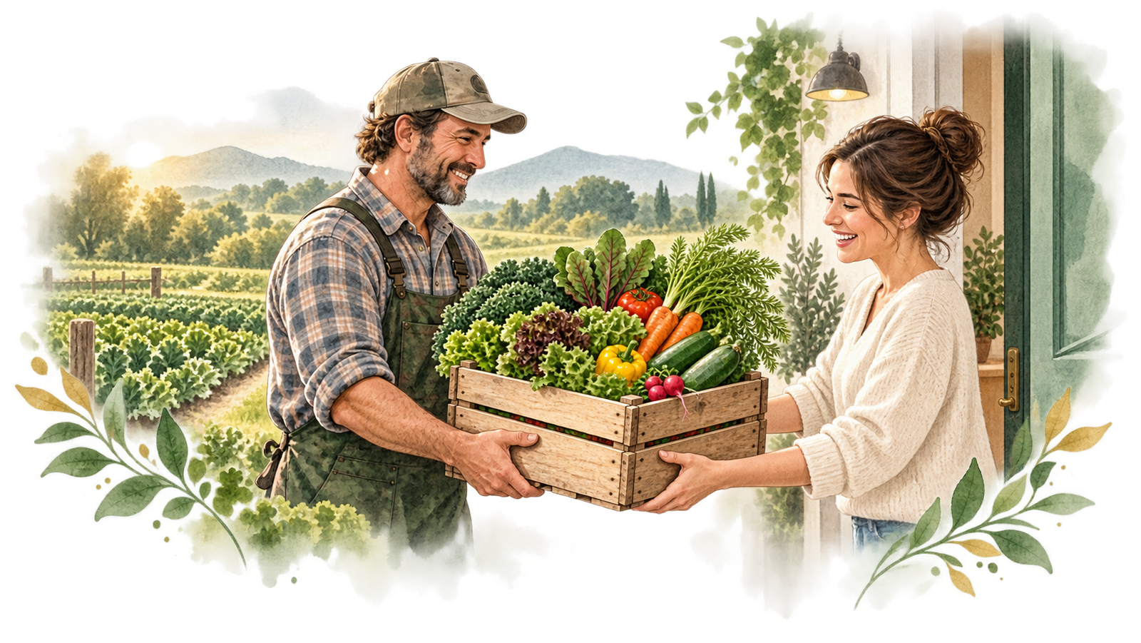Customer receiving a box of fresh produce from a local farmer