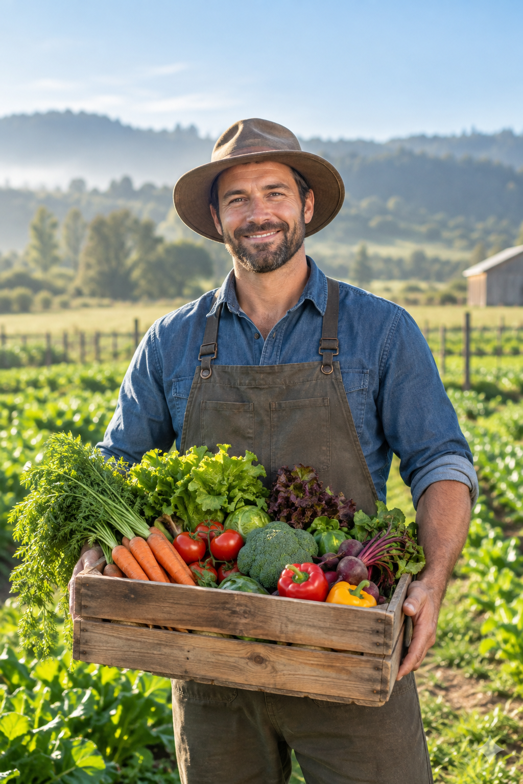 Local farmer holding a crate of fresh vegetables